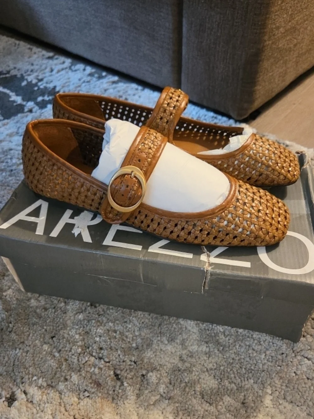 Woven Mary Jane Loafers in Tan with Buckle Detail